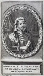 Retrato de Margarita de Parma (o Margarita de Austria) (1522-1586), Duquesa de Parma y Piacenza, hija natural de Carlos V (1500-1558) y gobernadora de los Países Bajos (Países Bajos) de 1559-1581. Grabado para ilustrar 