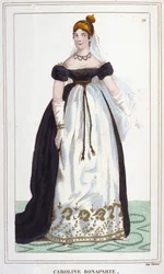 Retrato de Marie-Annonciade conocida como Carolina Bonaparte (1782-1839), Princesa Murat, Reina de Nápoles. Grabado de 1830