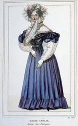 Retrato de Marie Amélie de Bourbon (1782 - 1866), Reina de los Franceses, esposa de Luis Felipe I. Grabado del siglo XIX.