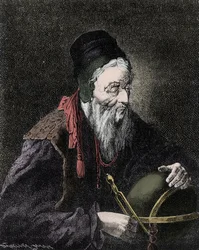 Retrato de Nostradamus, Michel de Notre Dame (1503-1566) astrólogo y médico francés - Grabado del siglo XIX