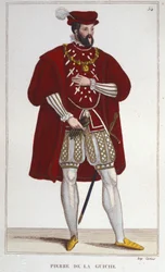 Retrato de Pierre De la Guiche (1464-1544) (caballero, consejero y chambelán del rey, alguacil de Autun y Mâcon, embajador. Señor de Guiche y Chaumont). Grabado de 1830
