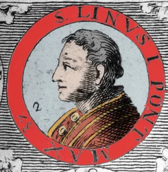 Retrato del Papa Lino (San Lino), obispo de Roma y sucesor de Pedro. Siglo I. Grabado del siglo XIX.