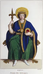Retrato de Pipino el Breve (v. 714 - 768), Rey de los Francos, primer carolingio (grabado de 1830)