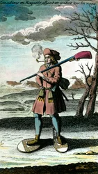 Retrato de un canadiense con raquetas de nieve en la nieve yendo a la guerra. Grabado del siglo XVIII.