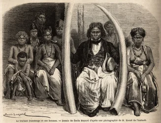 Retrato de un comerciante de marfil africano, rodeado de sus esposas. Dibujo de Emile Bayard (1837-1891), para ilustrar el viaje a Gabón, en 1861-64, del Doctor Griffon du Bellay. Grabado en “Le tour du monde”, editado por Edouard Charton