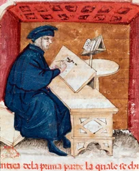 Retrato del poeta italiano Dante Alighieri escribiendo su Divina Comedia - Miniatura
