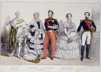 Retrato de los Borbones. De izquierda a derecha: Carlos X (1757-1836), María Amelia (1782-1866), Luis Felipe I (1773-1850), Eugenia de Guzmán (1826-1920) y Napoleón III (1808-1873).