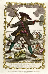 Retrato del bandido francés Louis Mandrin (ca. 1725-1755). Detrás de él, la acción de Autun y la lucha de Baune. Grabado del siglo XVIII. Colección privada