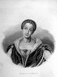 Retrato de la veneciana Bianca Cappello (1548 - 1587), esposa de Francisco de Medici. Grabado del siglo XIX.