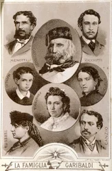 Retrato del patriota y héroe del Risorgimento Giuseppe Garibaldi (1807-1882) y miembros de su familia: Menotti, Ricciotti y Teresita, hijos de Anita; Stefano Canzio, esposo de Teresita; Francesca Armosino, tercera esposa y sus hijos Clelia y Manlio