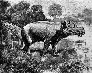 Prehistoria: representación de un dinosaurio Uintatherium de cuatro cuernos.