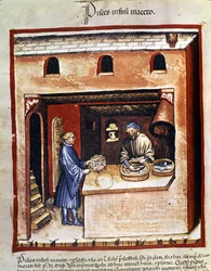 Preparación de pescado marino en vinagre. Iluminación de la leche de medicina y dietética "Tacuinum sanitatis"