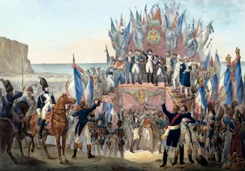 Presentación de la Legión de Honor por Napoleón Bonaparte en el valle de Terlincthum en Boulogne (16 de agosto de 1804). Grabado - París, museo del Ejército