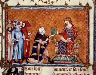 Presentación del libro: Jean de Joinville (1224-1317) ofrece su libro a Luis Rey de Navarra futuro Luis X el hutin. Miniatura en 