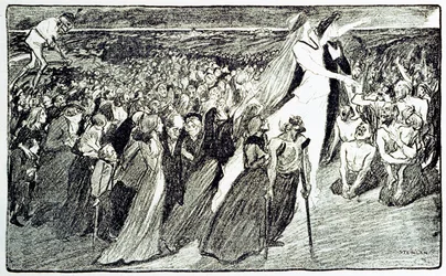Procesión durante la peregrinación en Lourdes (alegoría de Theophile Alexandre Steinlen)
