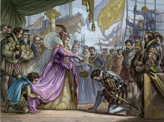 La reina Isabel I (1530-1603) nombrando caballero a Francis Drake (1540-96)