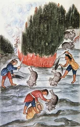 Caza de conejos, del libro "Trujillo del Perú" o "Códice Martínez Compañón", por Baltazar Martínez Compañón y Bujanda, obispo de Trujillo (1782-1785)