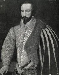 Raleigh, Sir Walter (1554-1618). Navegante, explorador y corredor de bolsa inglés. Retrato de Sir Walter Raleigh. Grabado en 1891, realizado a partir de un original anónimo que se conserva en la National Portrait Gallery de Londres. Grabado.
