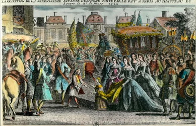 Recepción de la infanta de España María Ana Victoria (1718-1781) por el Rey Luis XV en París en el Louvre el 2 de marzo de 1722. Mariana Victoria de Borbón fue comprometida a los 3 años con Luis XV de 11 años. Grabado del siglo XVIII. Colección privada