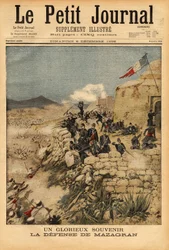 Recuerdo de la defensa de Mazagran, batalla del 3 al 6 de febrero de 1840, contra el ejército de más de 10,000 hombres dirigido por Abd el Kader, el batallón francés del Capitán Lelievre ganó la victoria. Grabado en "Le petit journal" 6/12/1896. Colección 