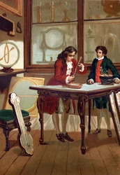 René Antoine Ferchault de Réaumur (1683-1757), químico y físico francés, construyendo su termómetro en 1730. después de “La Ciencia y sus Hombres” por Louis Figuier. Barcelona 1881