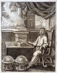 René Descartes (1596 - 1650) en su oficina con equipo científico. Grabado del siglo XVII.