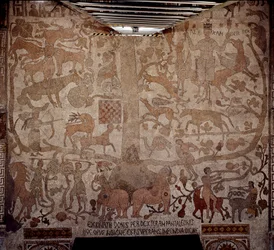 Representación de Alejandro Magno, rey de Macedonia y conquistador de Persia, rodeado de fauna india durante la conquista de India, a la derecha, a la izquierda Diana cazando ciervos, y luchadores, símbolos cristianos
