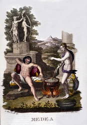 Representación de Medea preparando sus maldiciones después del ciclo de los Argonautas