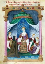 Representación de la reina Isabel de Portugal rodeada de sus compañeras y Pedro Marcuello que le ofrece su libro