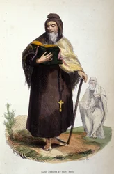 Representación de San Antonio el Grande, anacoreta egipcio (251-356), fundador del eremitismo cristiano y San Pablo de Tebas. Grabado del siglo XIX.