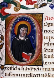 Representación de Santa Clara (Chiara) de Asís (c.1192-1253), fundadora de la orden religiosa de las Clarisas. Miniatura de un manuscrito del siglo XV.