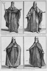 Representación de un obispo de Moscú en vestimenta ordinaria y ceremonial. Grabado