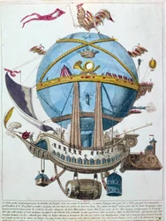 Representación de un viaje en globo, grabado satírico del siglo XVIII