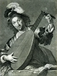 Representación de un laudista afinando su instrumento