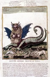 Representación de un monstruo encontrado en un lago de Perú: tiene cara humana, cuernos, alas de dragón, melena de león, cuerpo de reptil, pecho de mujer. Estampa popular del siglo XVIII.