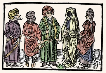 Representación del trigo sarraceno. Hombres con brazos con cabezas entrelazadas y mujeres veladas. Xilografía del siglo XV