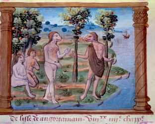 Representación de criaturas monstruosas con cuerpo humano y cabeza de perro. Miniatura tomada de "Historia de los mongoles llamados por nosotros tártaros, descripción de costumbres, geografía, historia y figuras prominentes del pueblo mongol"