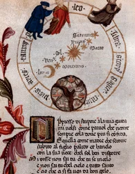Representación del poeta italiano Dante Alighieri y el sistema ptolemaico - Miniatura