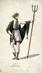 Representación del dios romano Neptuno sosteniendo un tridente (identificado como el Poseidón griego). Acuarela del siglo XVIII.