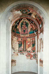 Representación de la Virgen y el Niño rodeados por los Reyes Magos. Fresco del ábside central de la iglesia de Santa María en Taüll. Alrededor de 1123. Barcelona. Museo Nacional de Arte de Cataluña