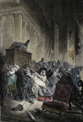 Representación de la muerte de Jean-Baptiste Poquelin, dit Moliere (1622-1673), muerte por congestión pulmonar durante una representación de "El enfermo imaginario" el 17/02/1673