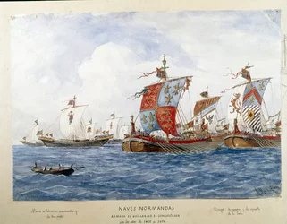 Representación de la flota de Guillermo el Conquistador en el siglo XI, barcos de guerra, comercio, transporte de pasajeros (Acuarela)
