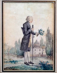 Representación del filósofo Jean Jacques Rousseau (1712-1778) recogiendo flores en Ermenonville