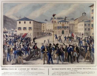 Revolución del Cantón de Ticino en Suiza el 5 de diciembre de 1859. Grabado del siglo XIX.
