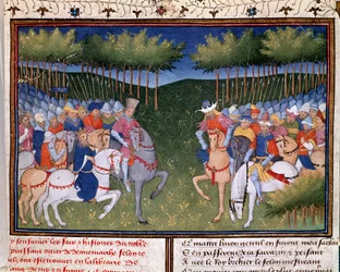 Romance de Ogier el Danés: la lucha entre dos jinetes en miniatura. Miniatura de 