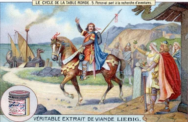 Ciclo de la mesa redonda (5): Perceval va en busca de aventuras, cromolitografía de Liebig, s.d. siglo XIX