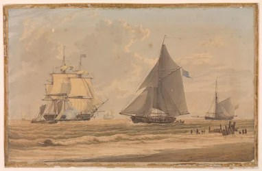 Velero de la Royal Navy en la costa, principios del siglo XIX (acuarela)