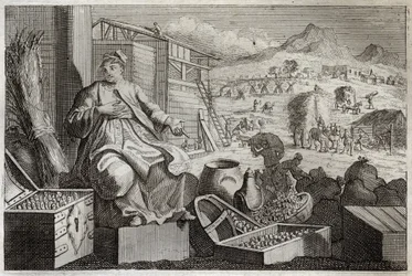 Biblia de Royaumont, Nuevo Testamento: La Locura de la Riqueza o La Parábola del Hombre Rico. Jesucristo habla contra la vanidad de un hombre rico, que se alababa de sus grandes posesiones, y murió la noche siguiente. Ilustración de 1811.