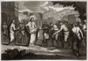 Biblia de Royaumont, Nuevo Testamento: Los Diez Leprosos. Jesucristo cura a diez leprosos. Ilustración de 1811.