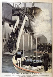 Fiestas rusas en Toulon: Recepción del almirante Avellan por el almirante de Boissoudy a bordo del Formidable, en 